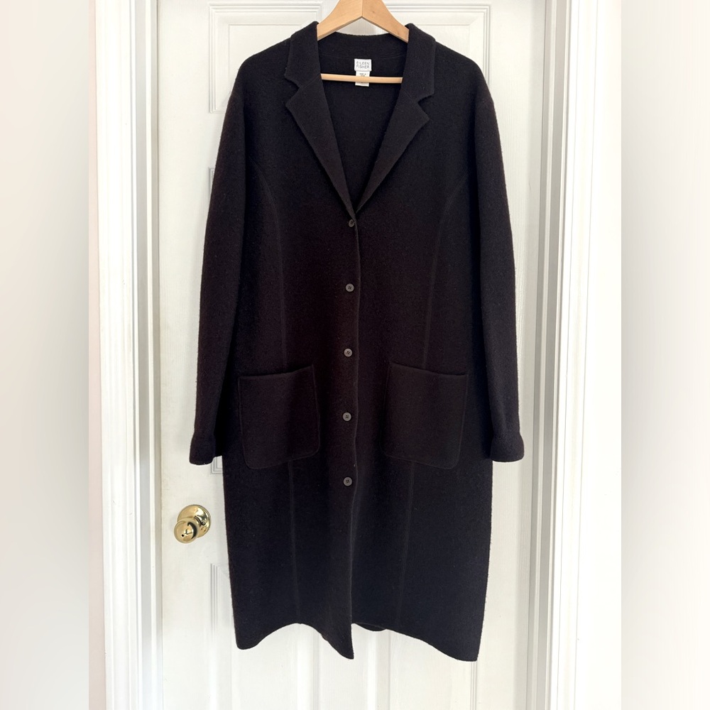 Eileen Fisher Brown Boucle Wool Long Cardigan Coat - size L